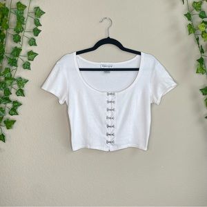 Energie Off White Hook and Eye Short Sleeve Crop Top Scoop Neck Summer Sz S